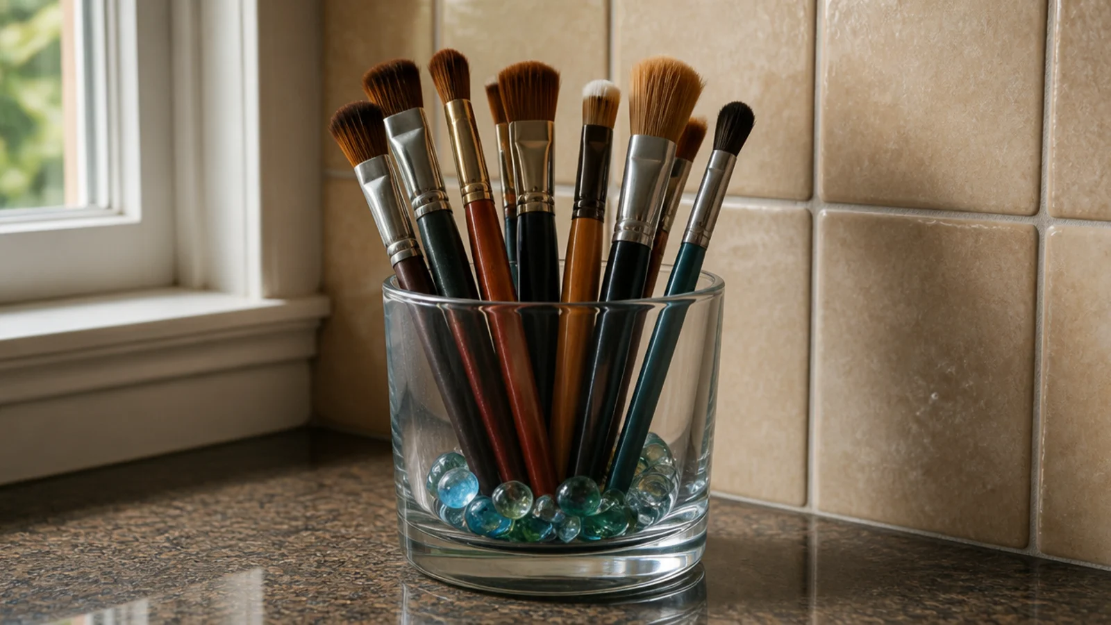 heavy glass tumbler holding makeup brushes bristles up on a vanity