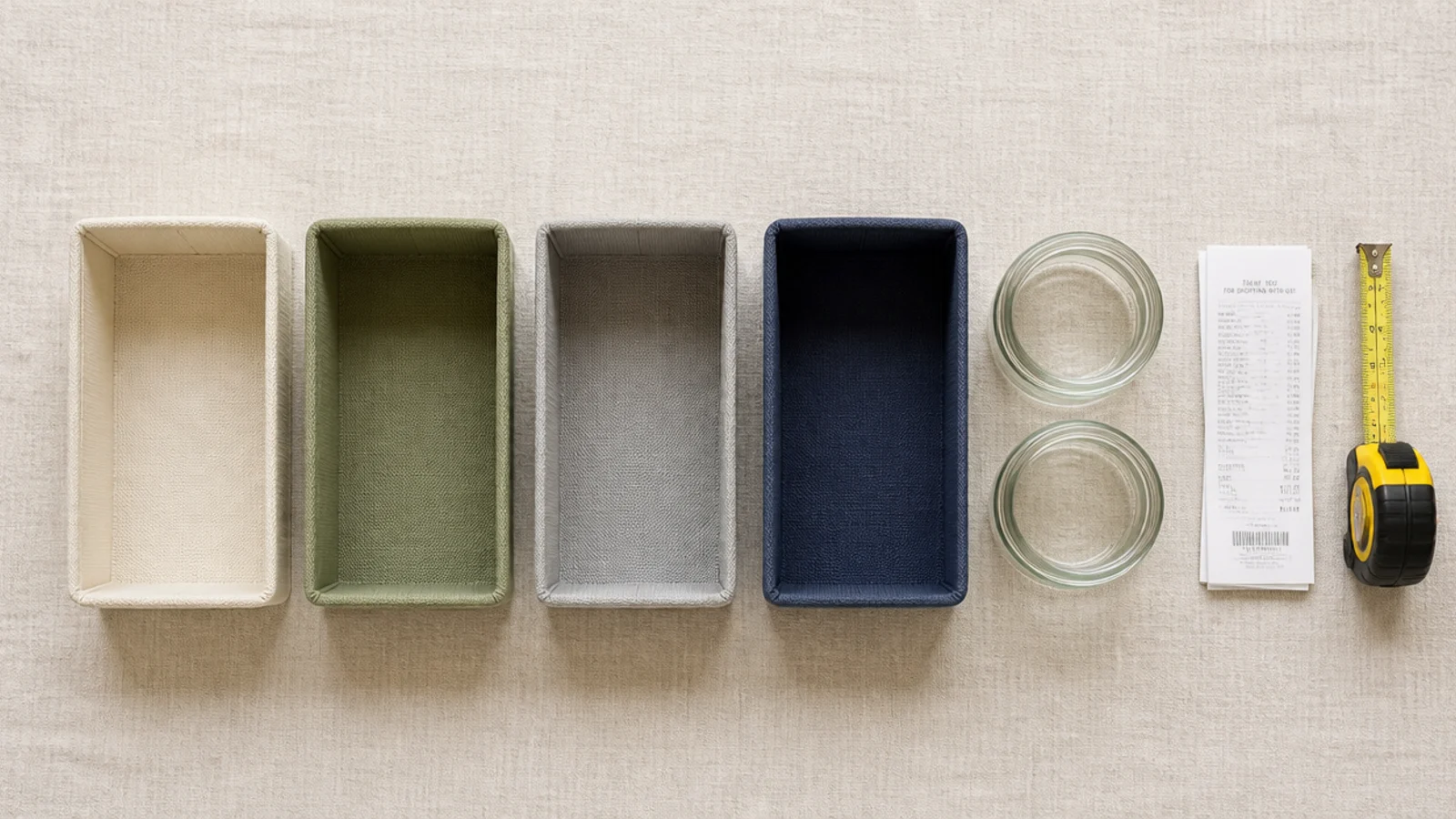 simple dollar store bins and jars chosen for vanity storage