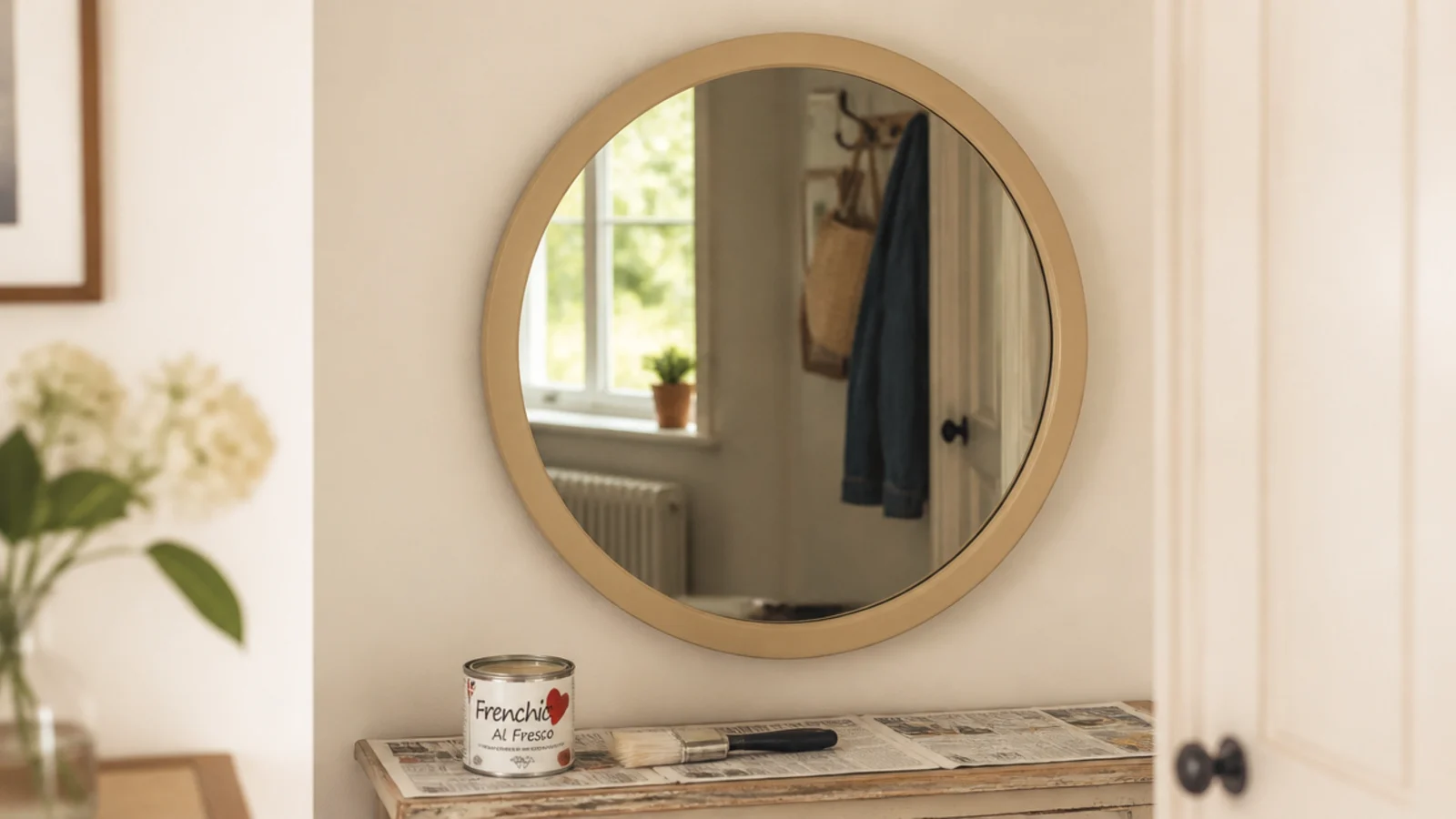 secondhand mirror with a freshly painted frame above a vanity