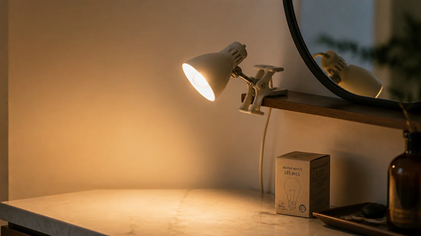 clip on lamp with a warm bulb lighting a vanity mirror from the side