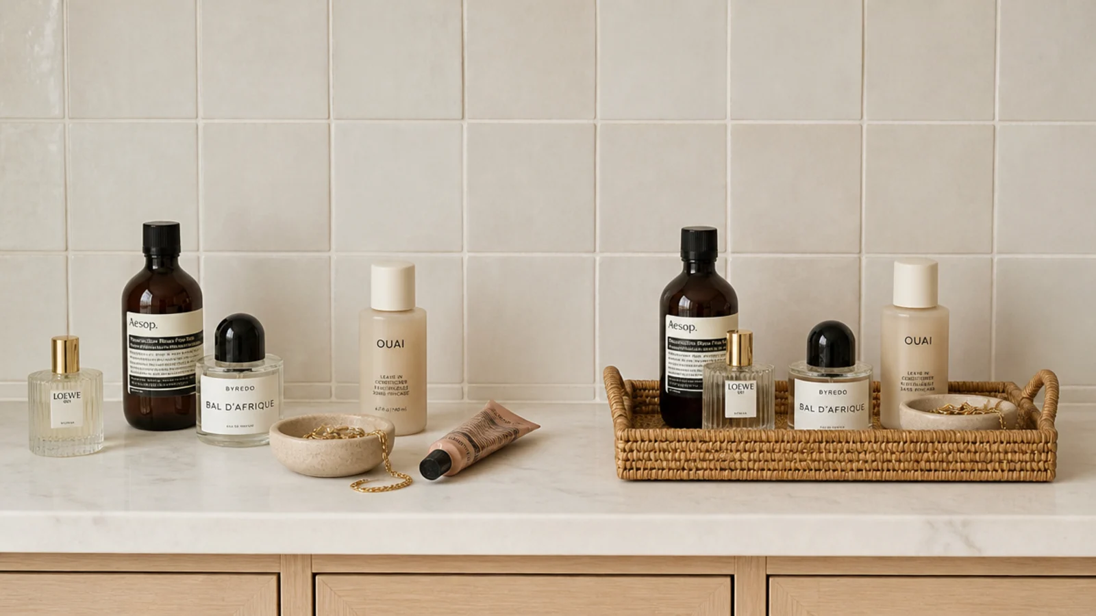 loose vanity products regrouped onto one tray on a counter