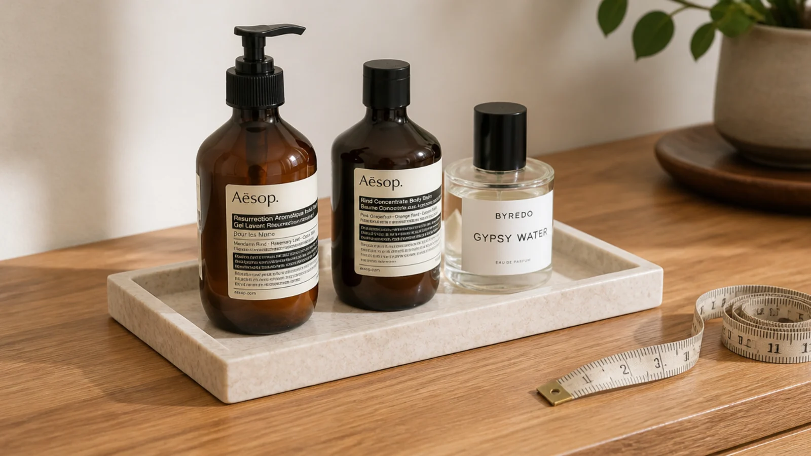 small tray sized to a group of three vanity bottles with margin
