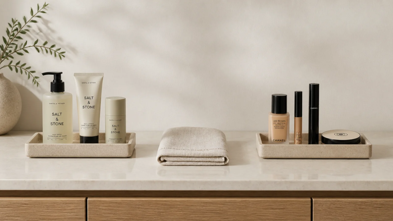two small trays splitting skincare and makeup on a vanity counter