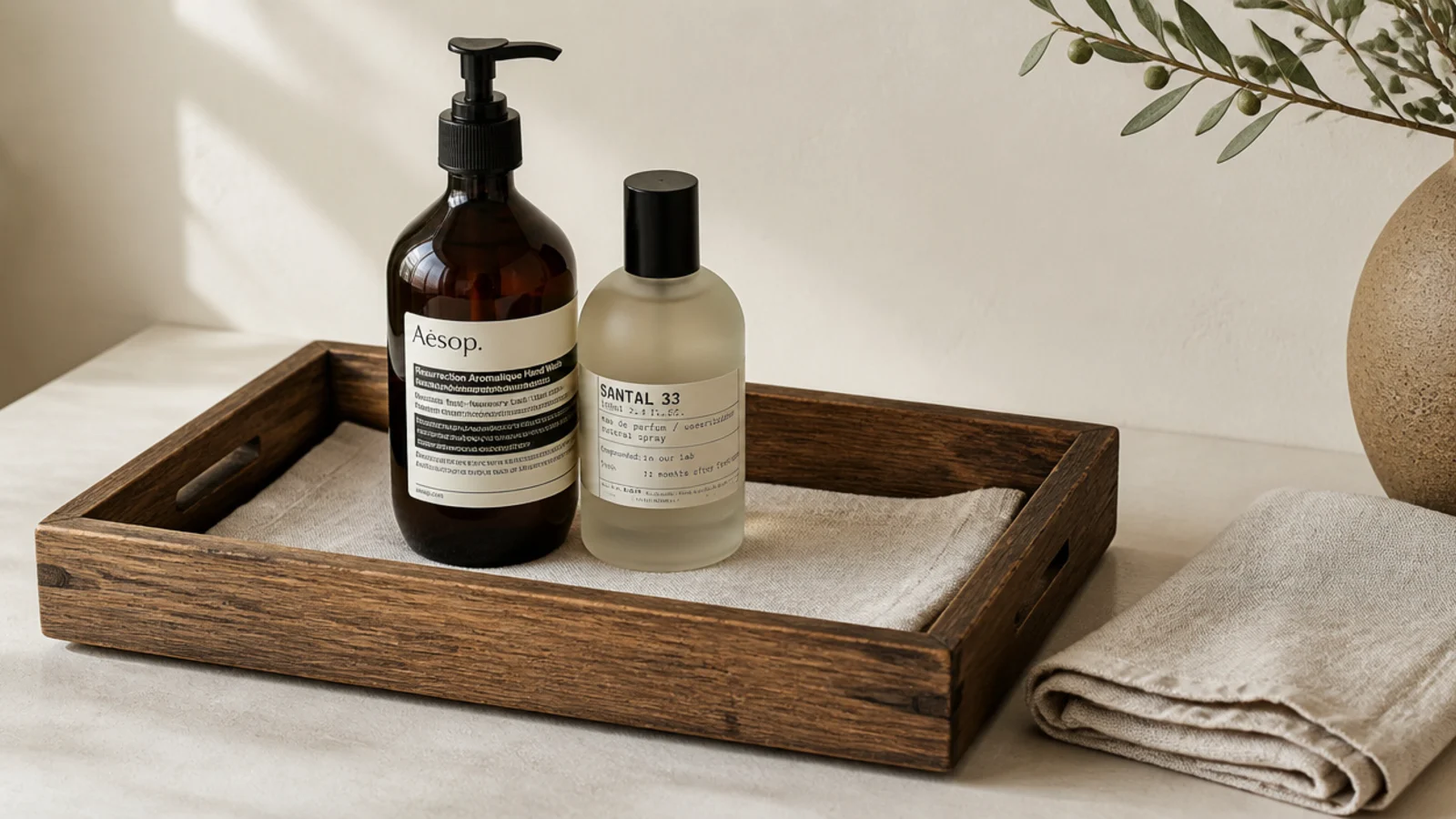 folded linen cloth lining the base of a vanity tray