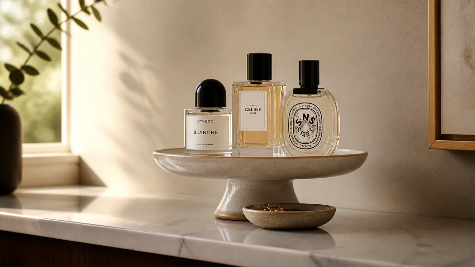small cake stand holding perfume bottles above a vanity counter