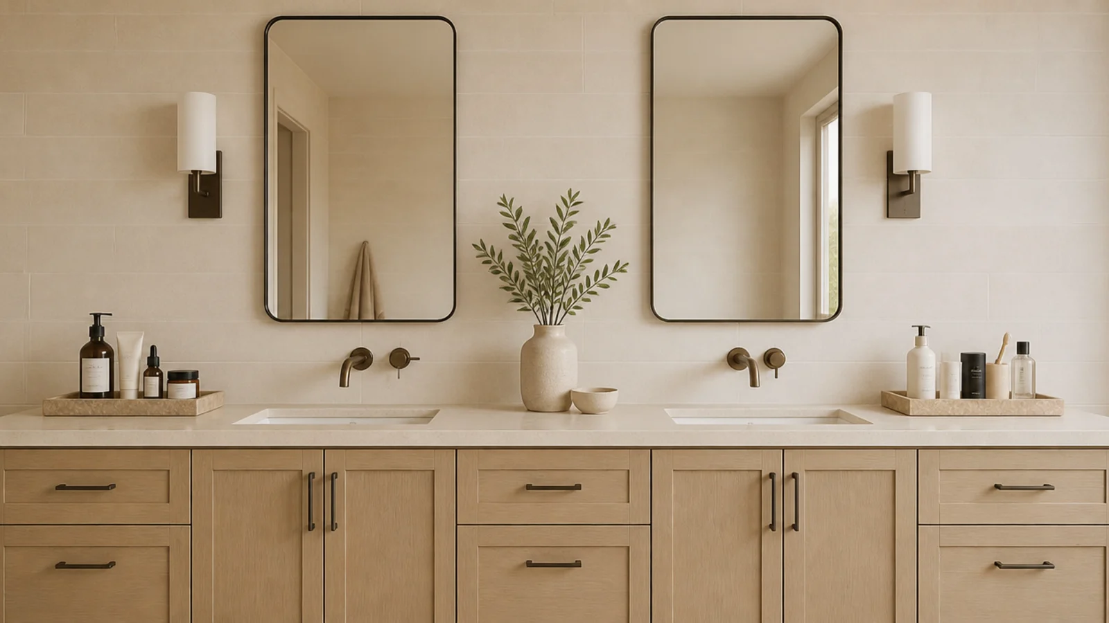 two matching trays dividing a shared vanity counter between people