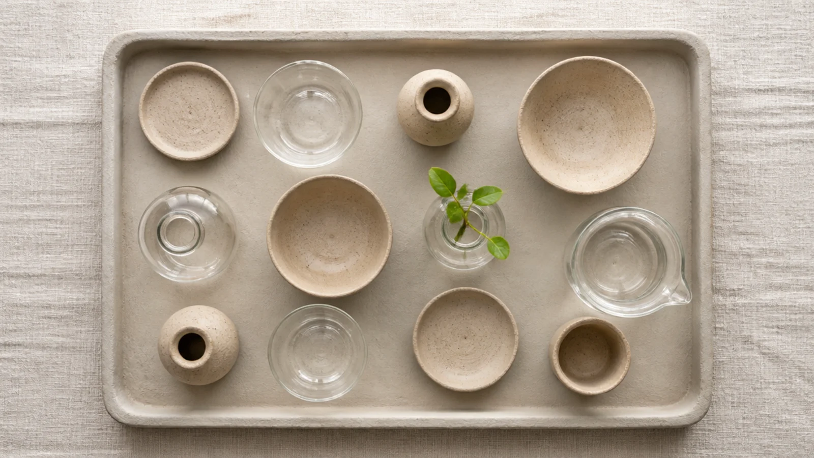 clay and glass objects with one plant on a styled vanity tray