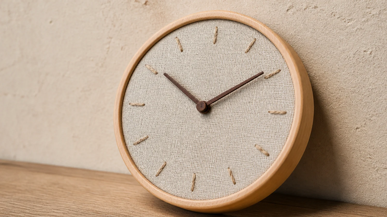 linen faced clock with a visible weave and stitched markers