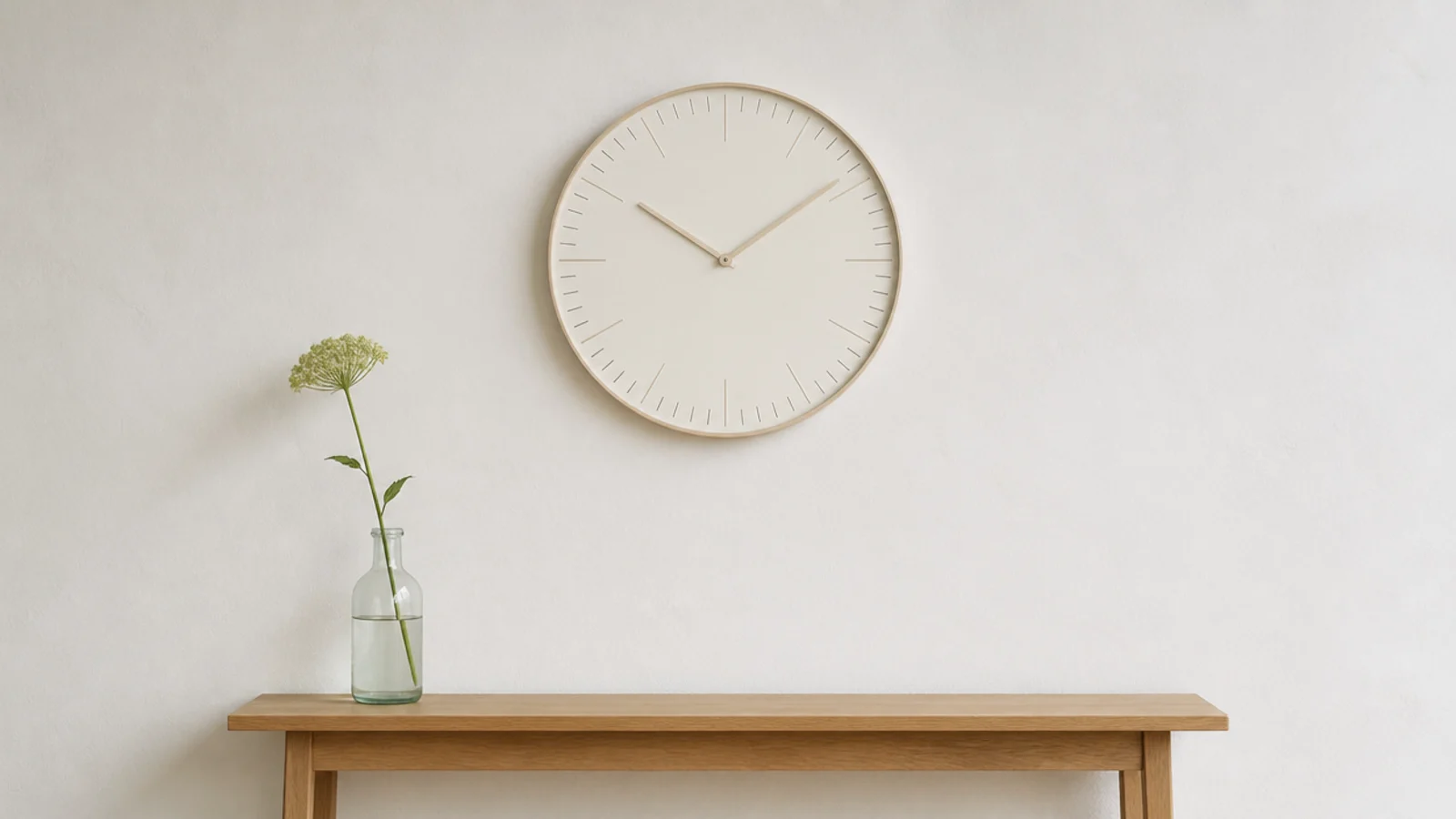 pale birch clock with an extremely slim rim on white plaster