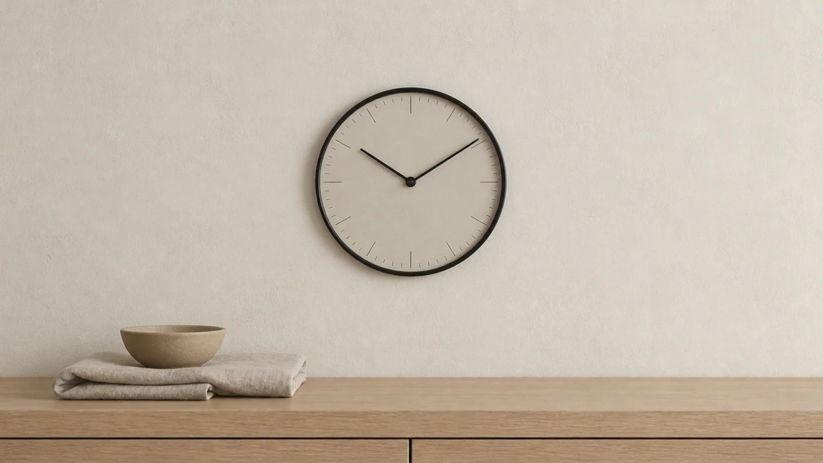 fine black ring clock drawn against a soft cream plaster wall