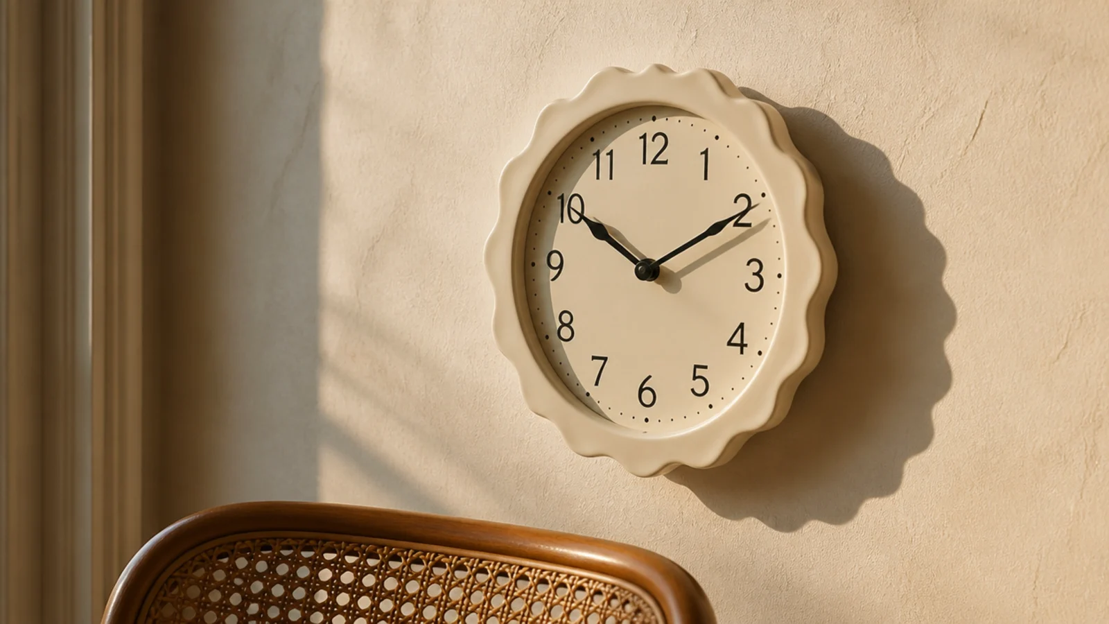 scalloped edged clock casting a rippled shadow on plaster