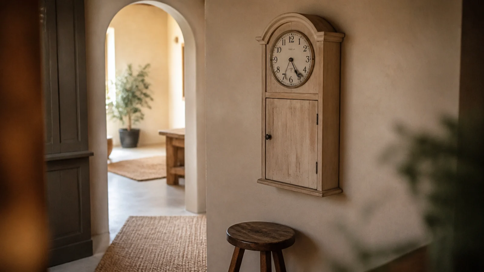 arch topped timber clock case echoing a nearby doorway curve
