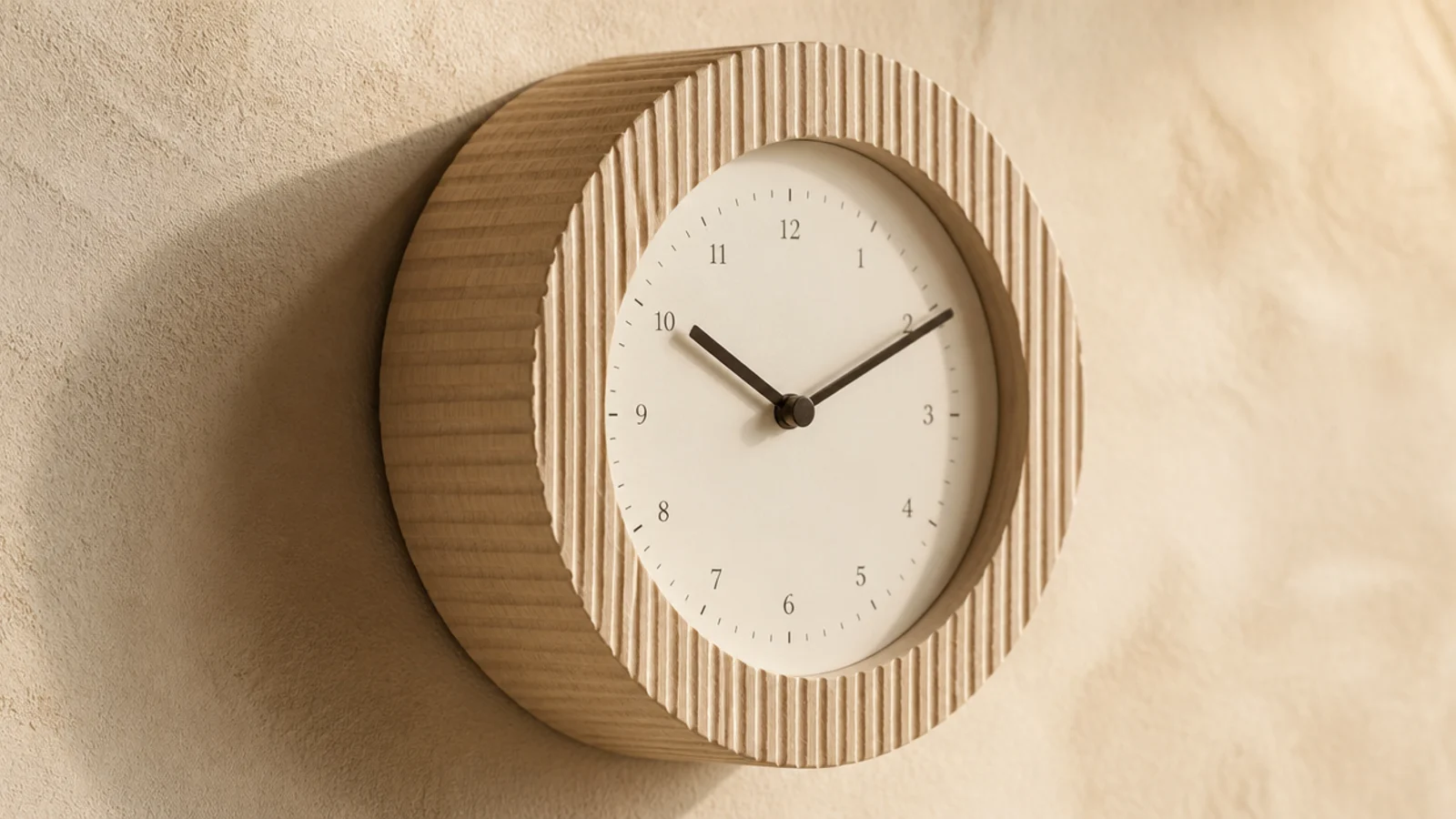 reeded timber clock case with fine vertical grooves catching light