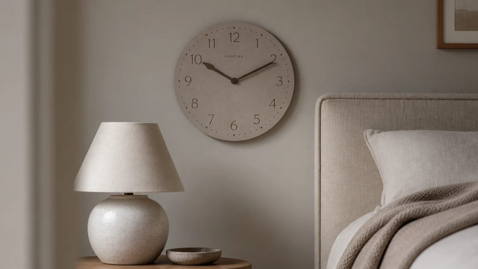 greige toned clock dial blending with soft neutral bedroom walls