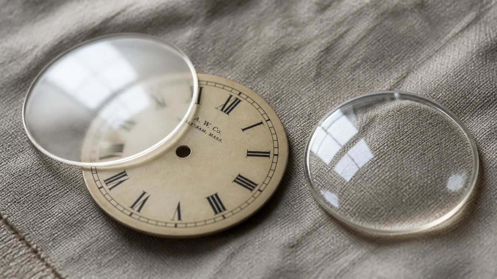 frosted clock lens softening the reflection of a bright window