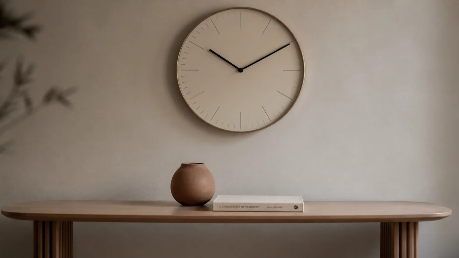 clock above a console holding only a vase and a small book