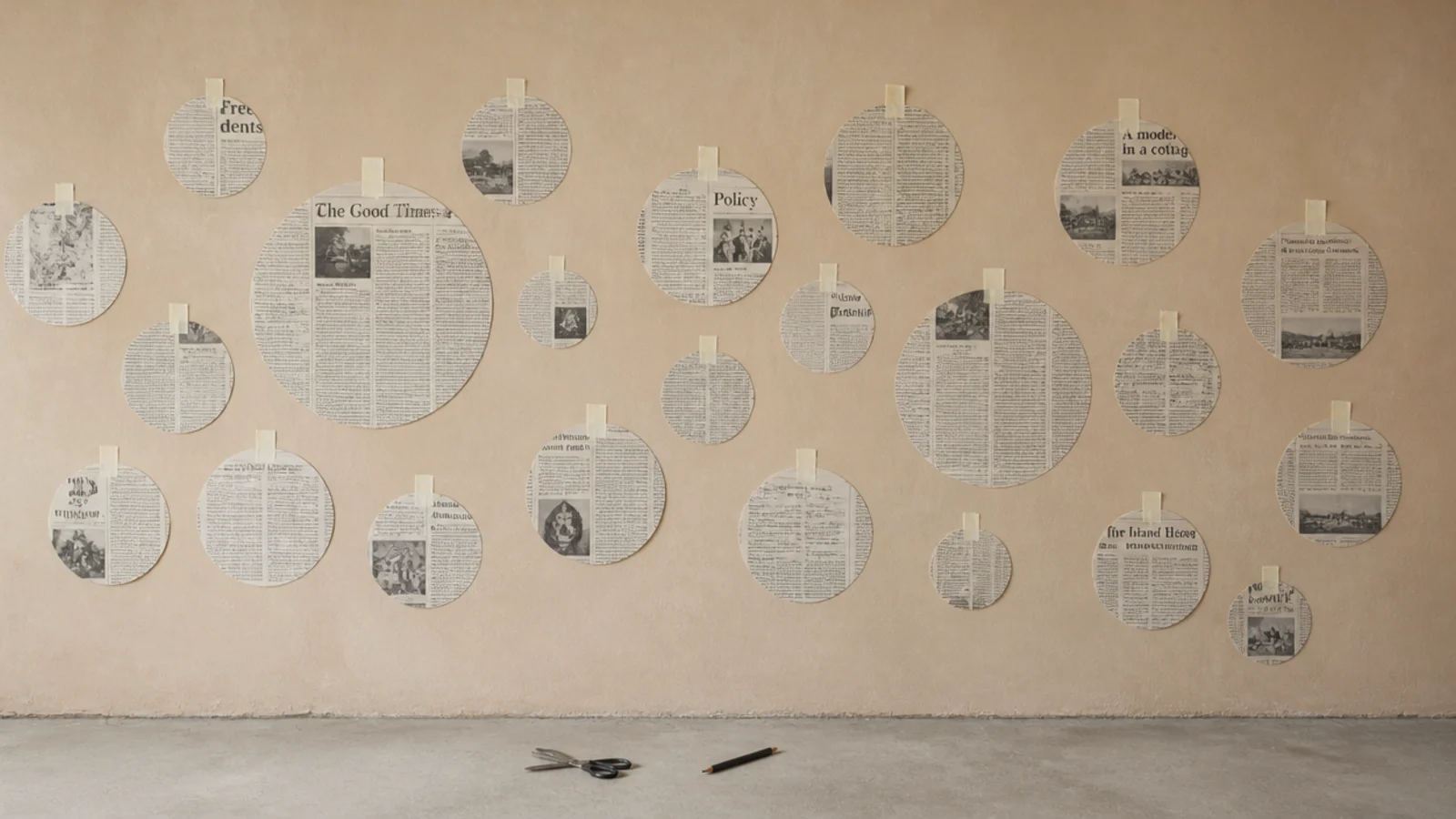 paper circle templates taped across a bare wall in a cluster