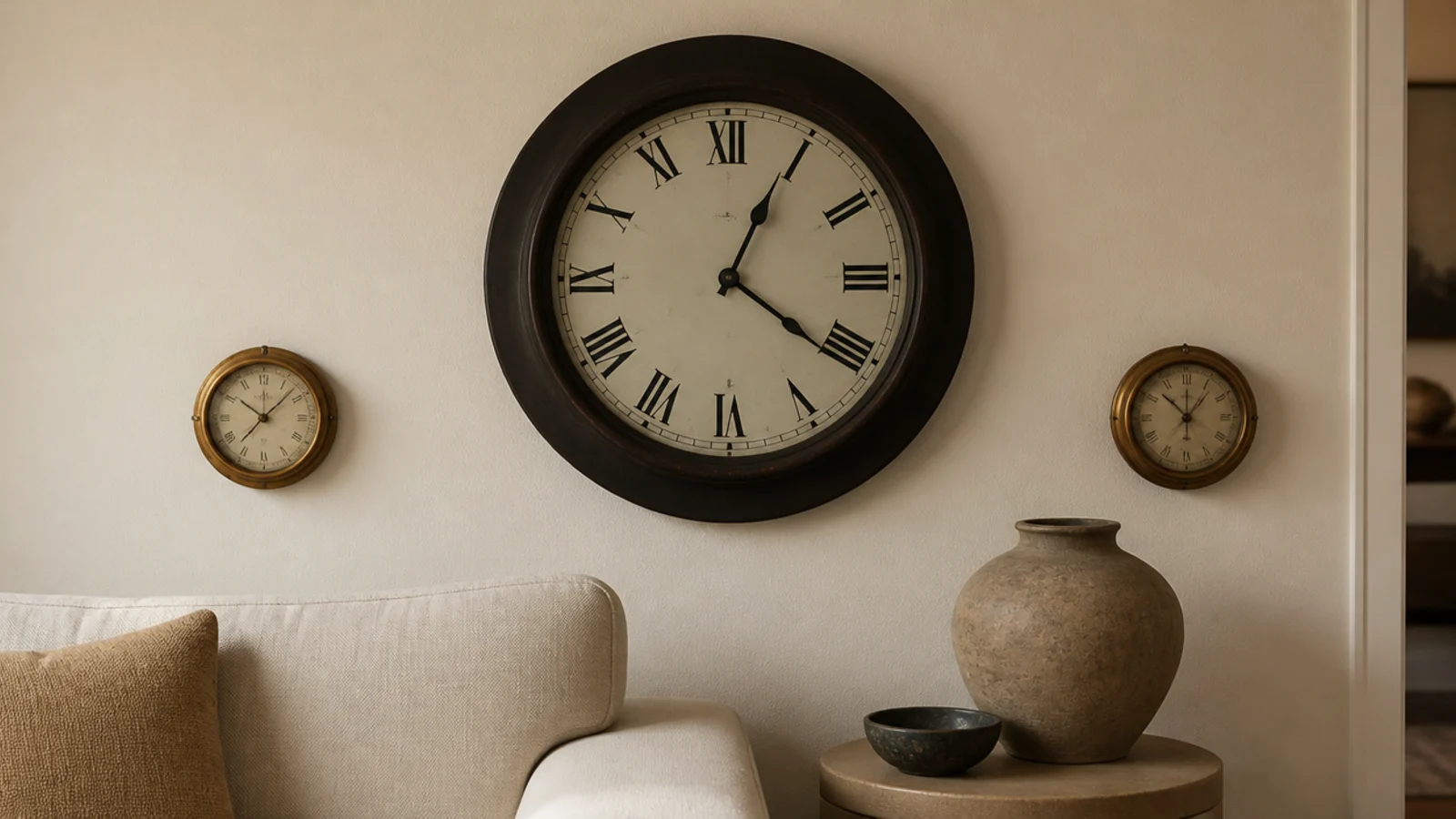 large clock flanked by two smaller faces at lower centre heights