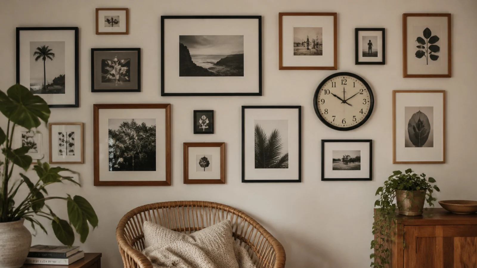 round clock set among framed prints in a salon style arrangement