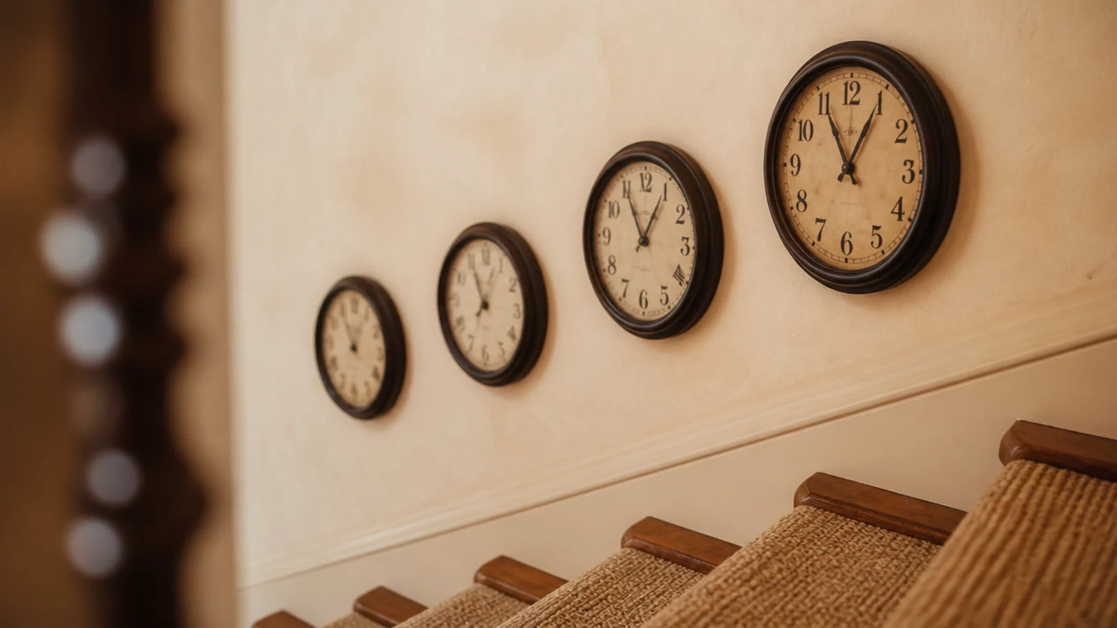 clocks stepping diagonally up a wall parallel to the stairs