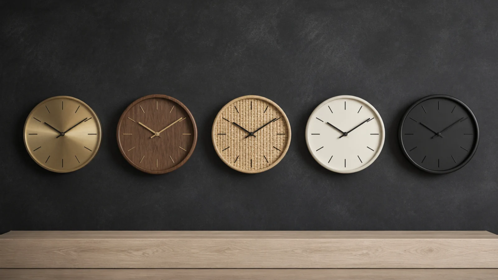 row of same size clocks in brass timber and painted finishes