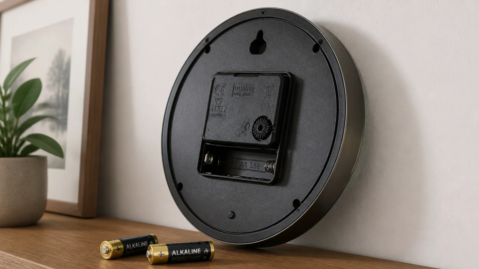 hand width gap behind a clock rim showing the battery housing