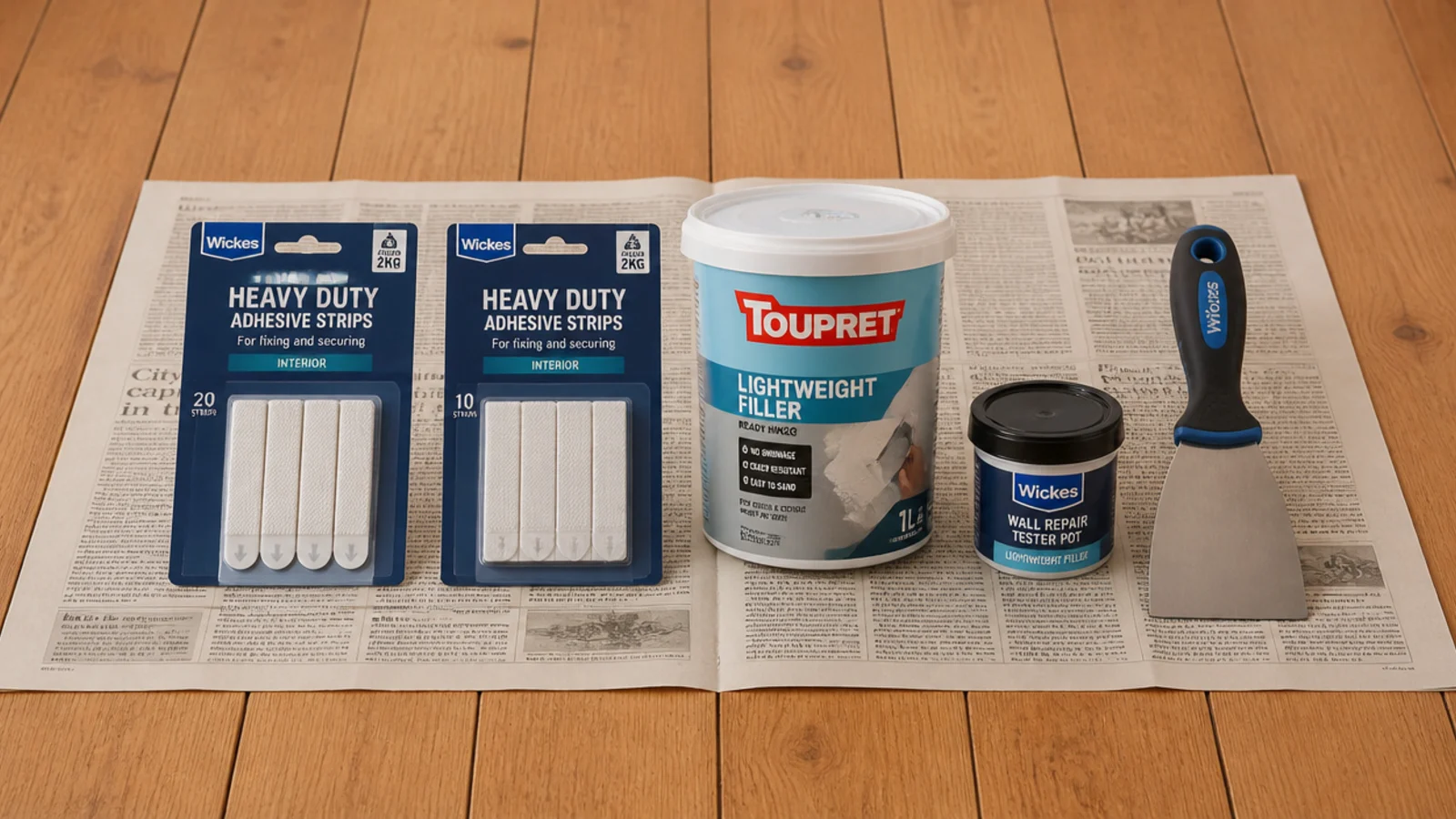 adhesive strips filler and a tester pot laid out on newspaper
