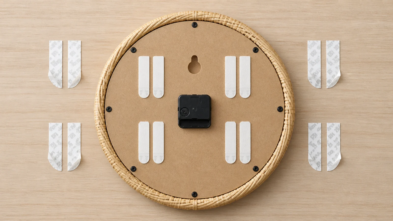 four pairs of adhesive strips pressed onto the back of a clock