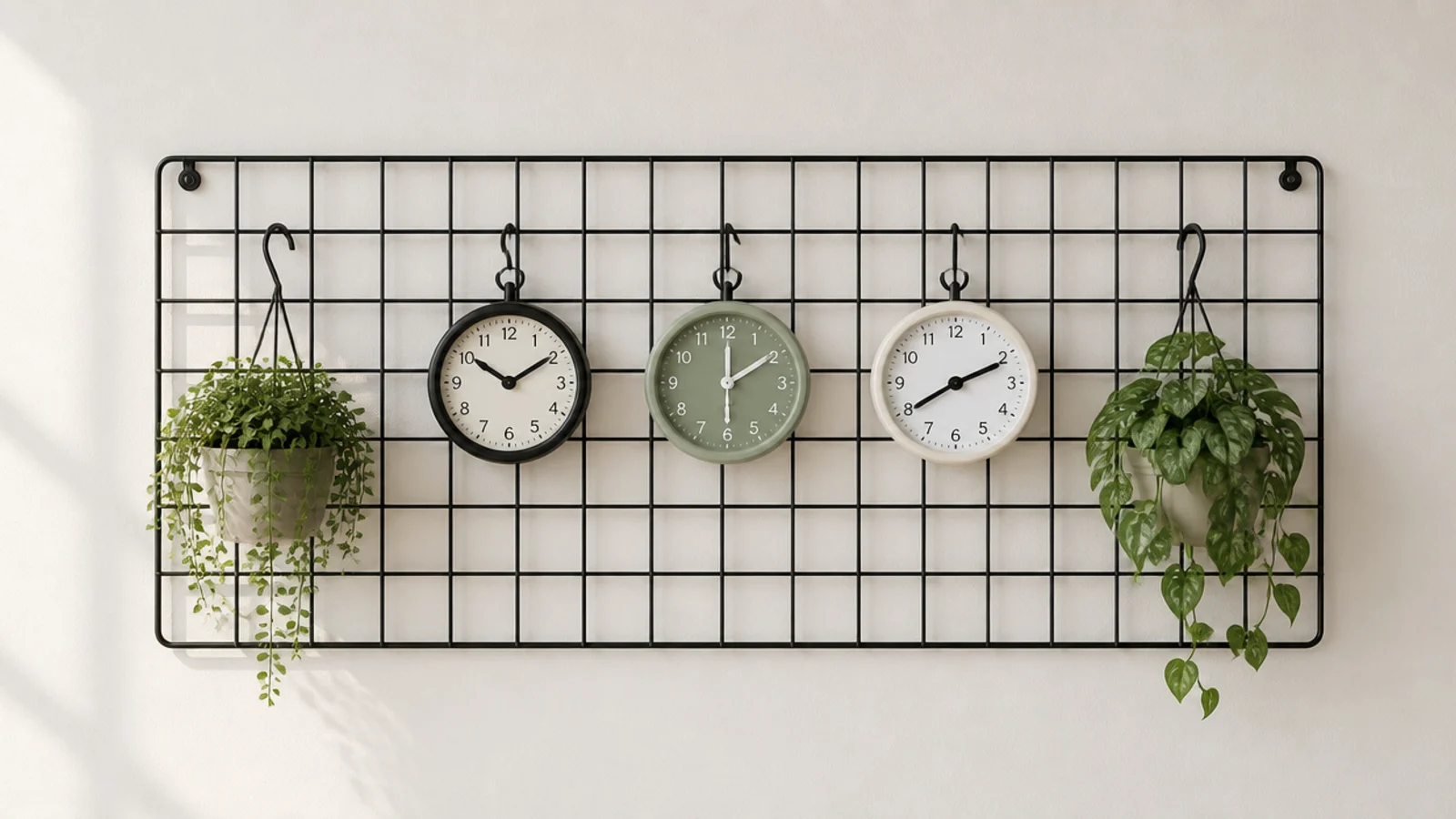 black wire grid panel carrying small clocks on open s-hooks