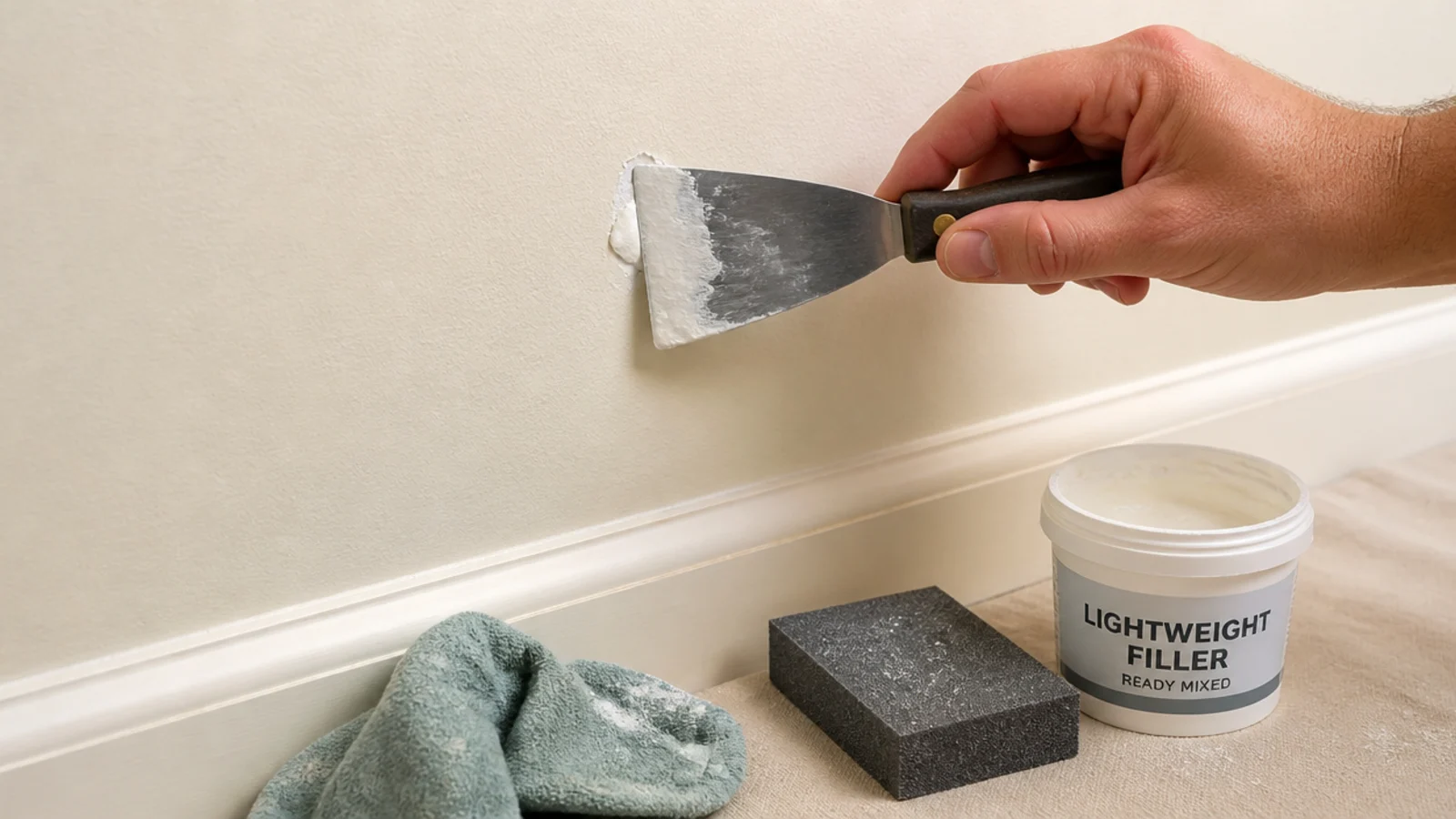 filler knife smoothing a small patch on a painted wall