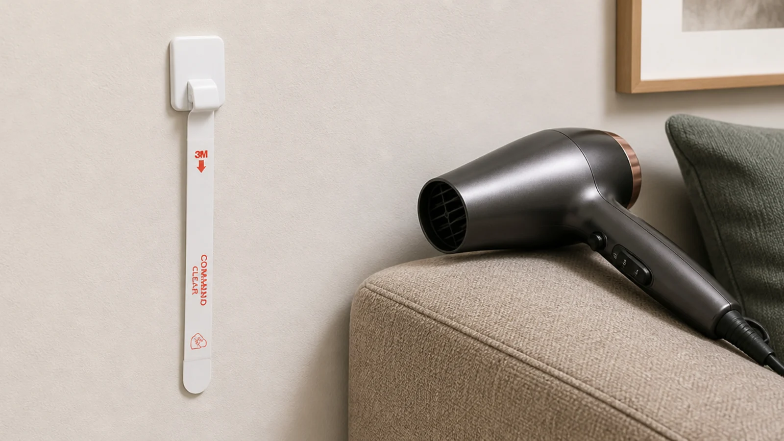 adhesive strip tab being pulled slowly downward against a wall