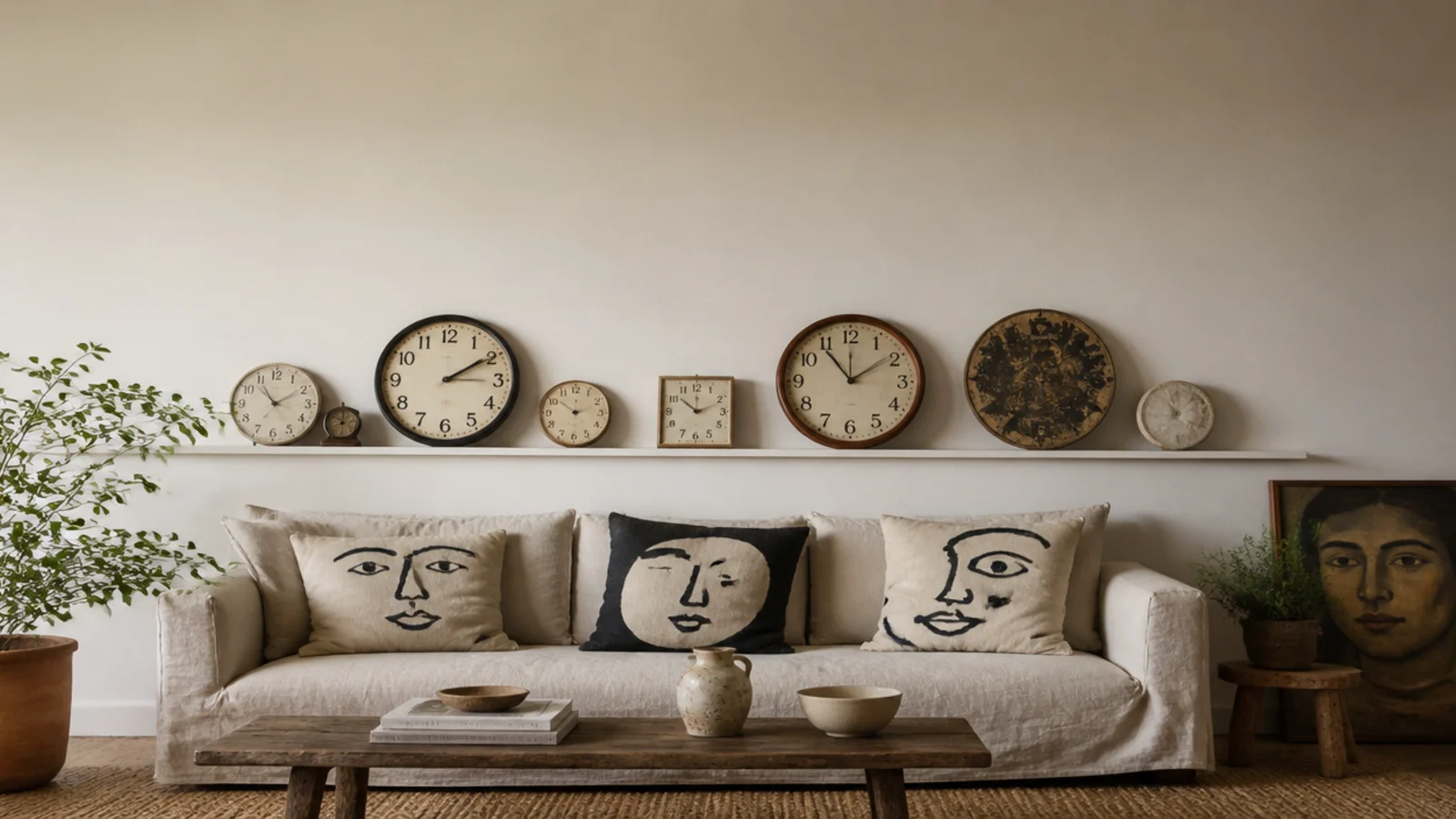 tall rented wall filled with a creative clock grouping and ledge