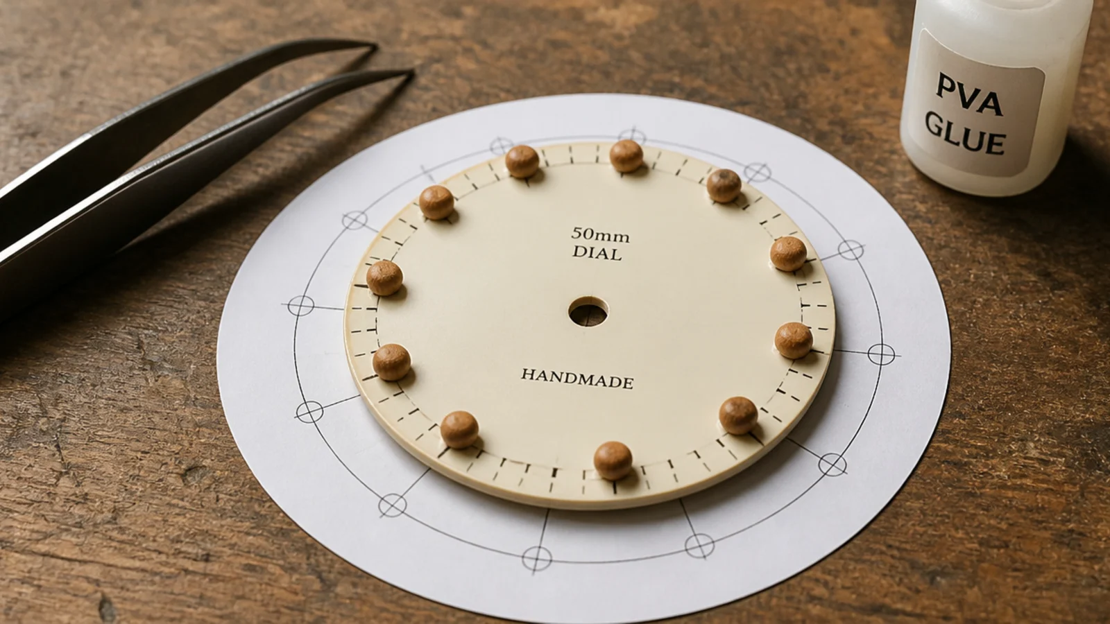 wooden beads glued in a ring as markers on a painted dial