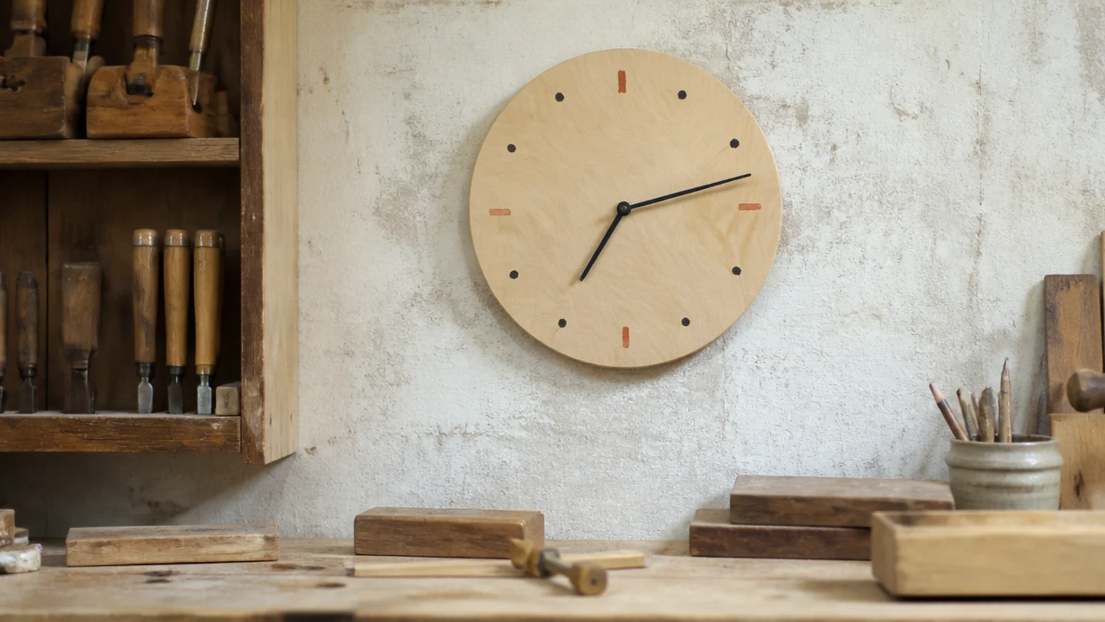 handmade plywood wall clock with painted markers on a workbench wall