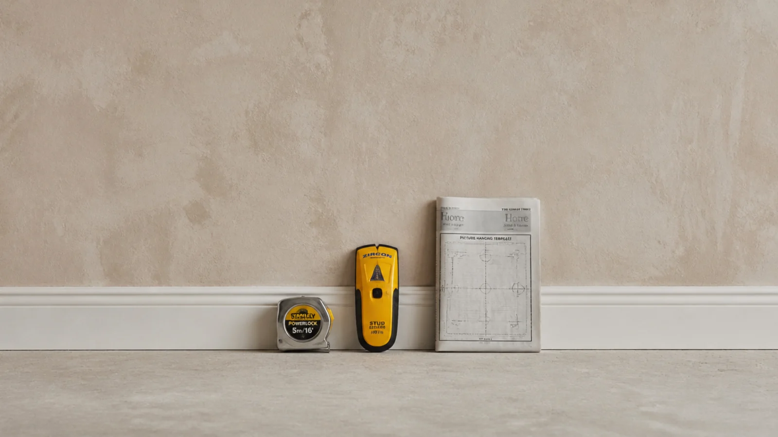 tape measure and stud finder resting on a wide empty wall base