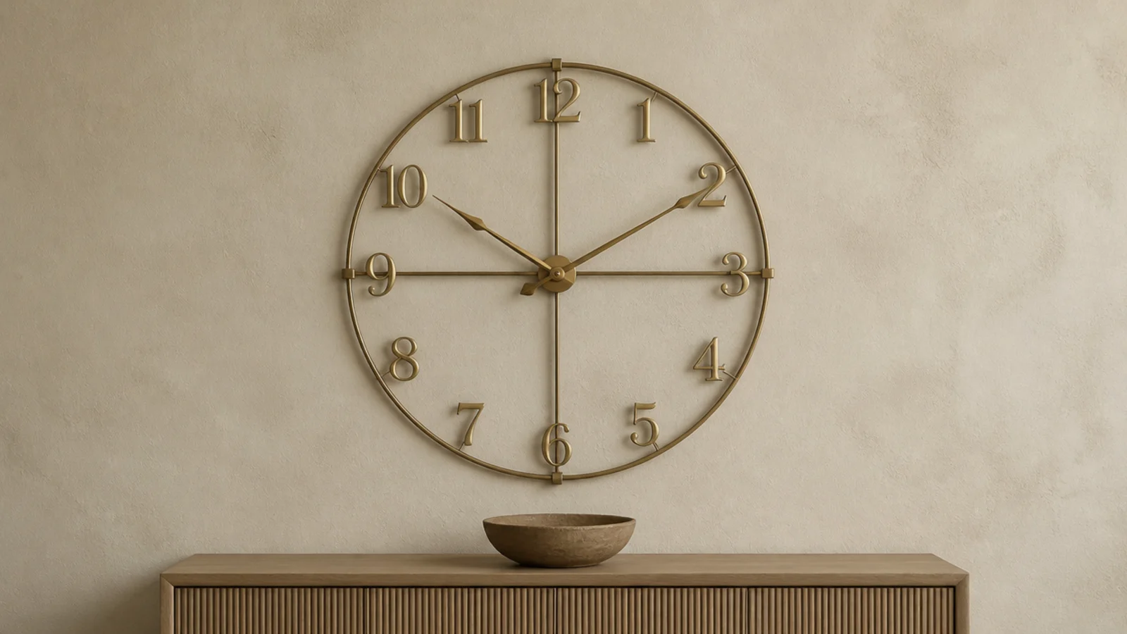 open frame skeleton clock showing textured plaster between numerals