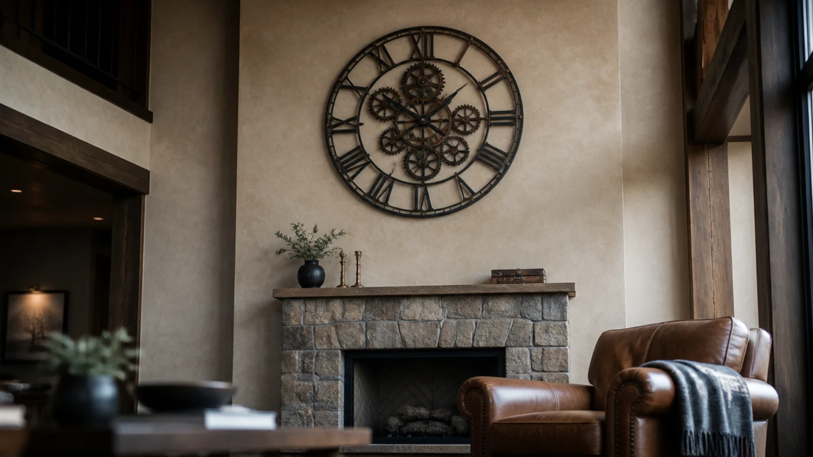 thirty six inch gear clock mounted high on a double height wall