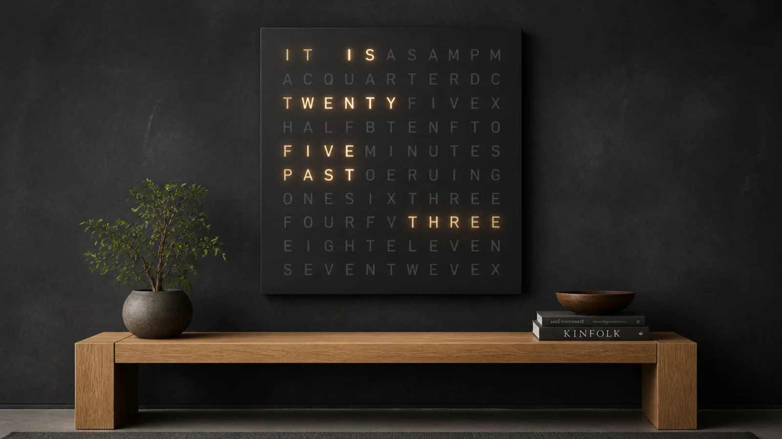 word clock spelling out the time in lit letters on dark board
