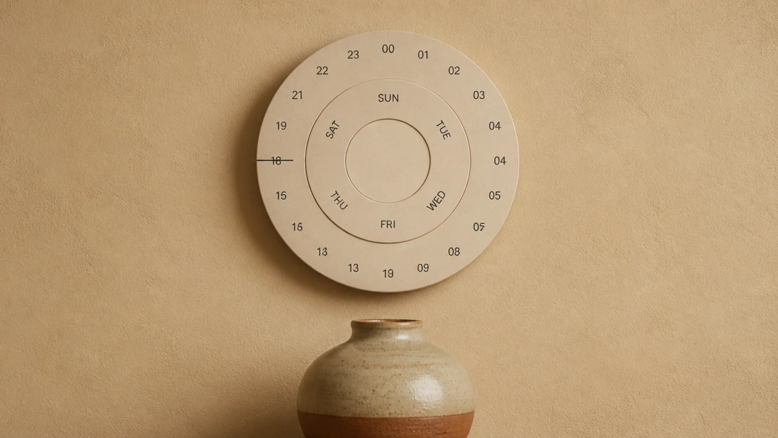 two concentric rotating discs showing the time through a marker