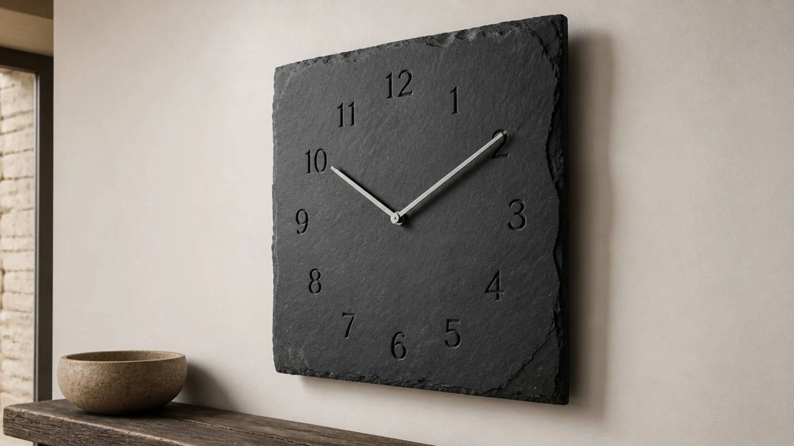 dark slate slab clock with numerals cut into the stone face