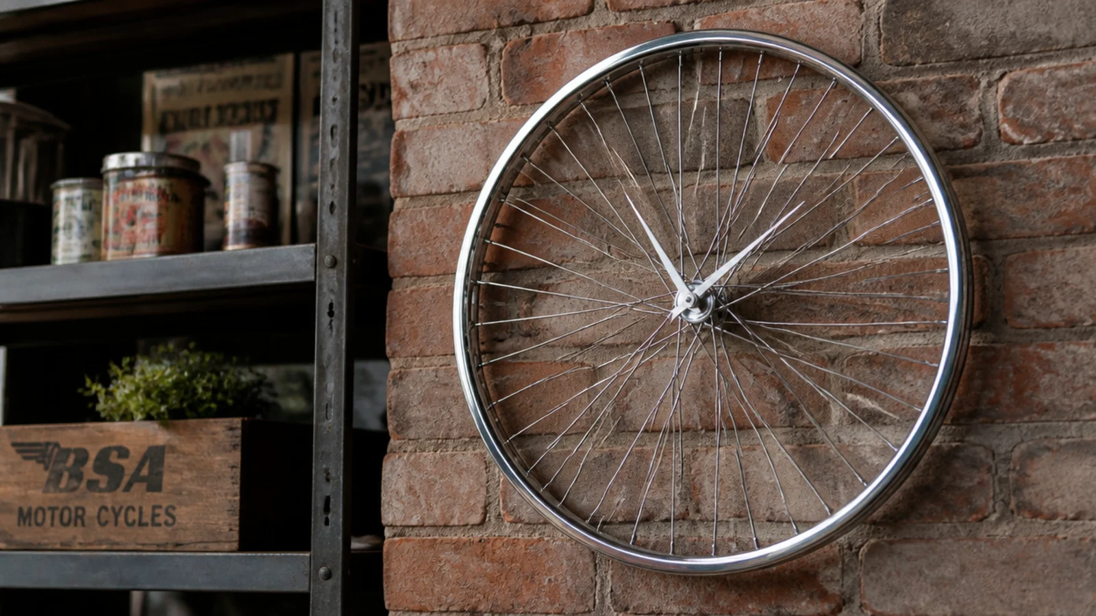 spoked bicycle rim clock hung against exposed brick and steel
