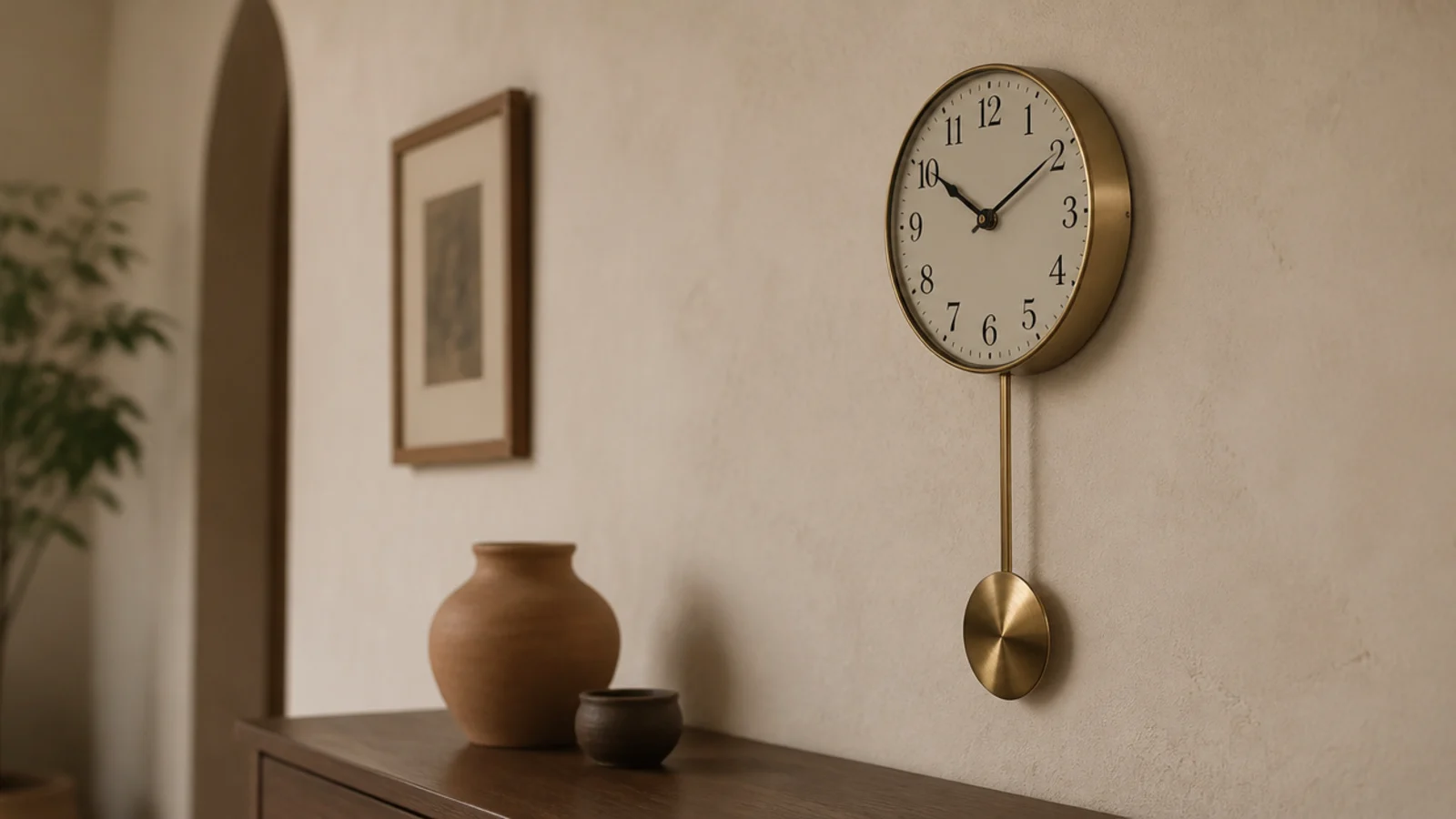 unique wall clock with an exposed pendulum on a warm plaster wall