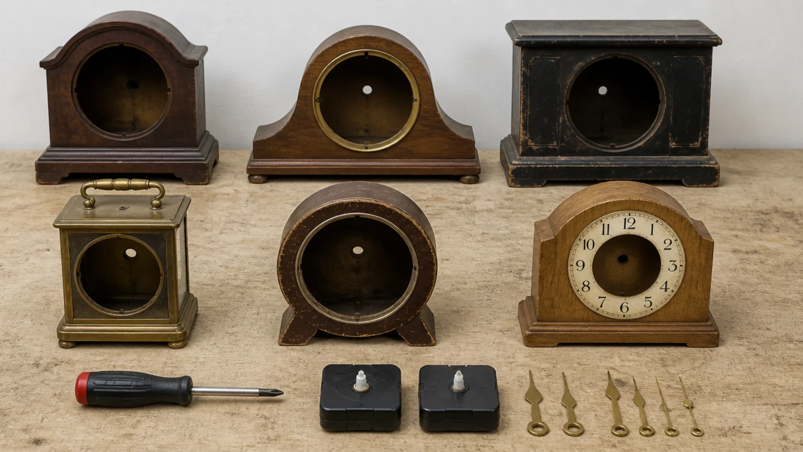 row of secondhand clock cases waiting on a workshop bench