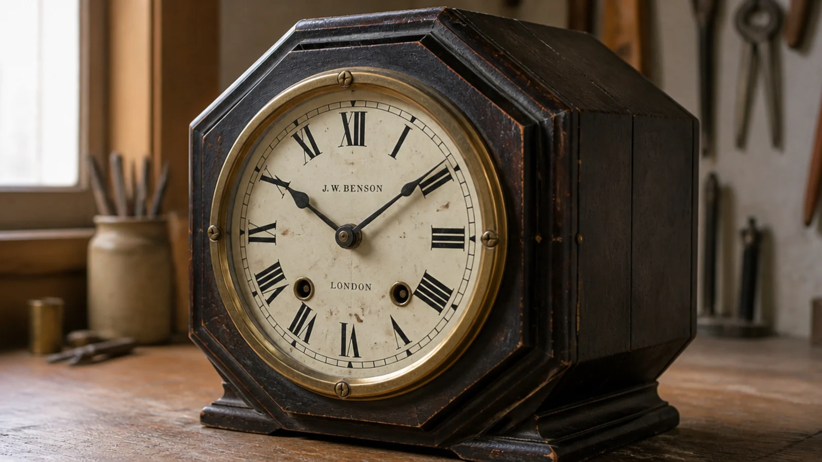 octagonal schoolhouse clock with a chipped painted dial and old screws