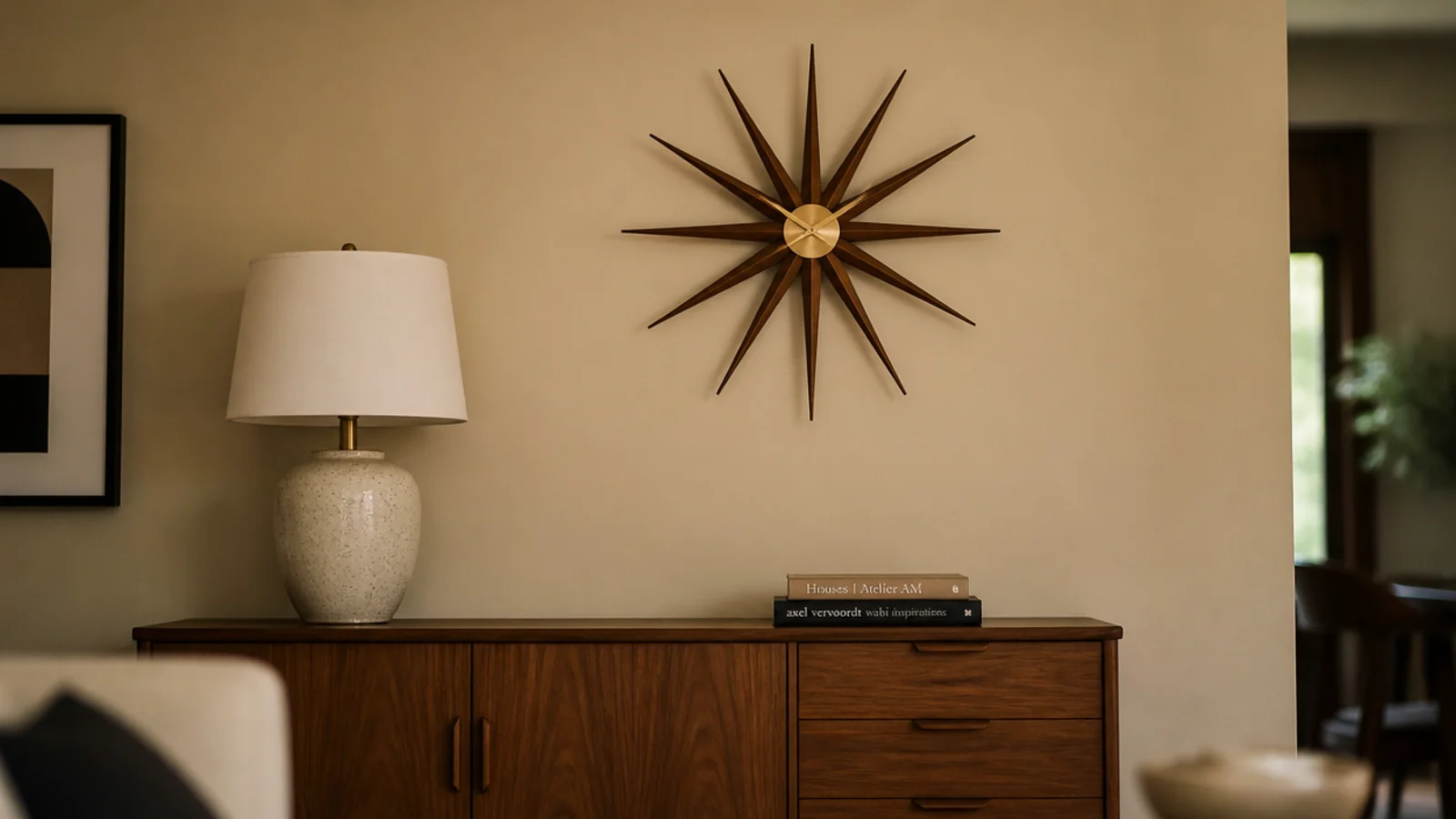 midcentury starburst clock with tapered wooden rays on plaster