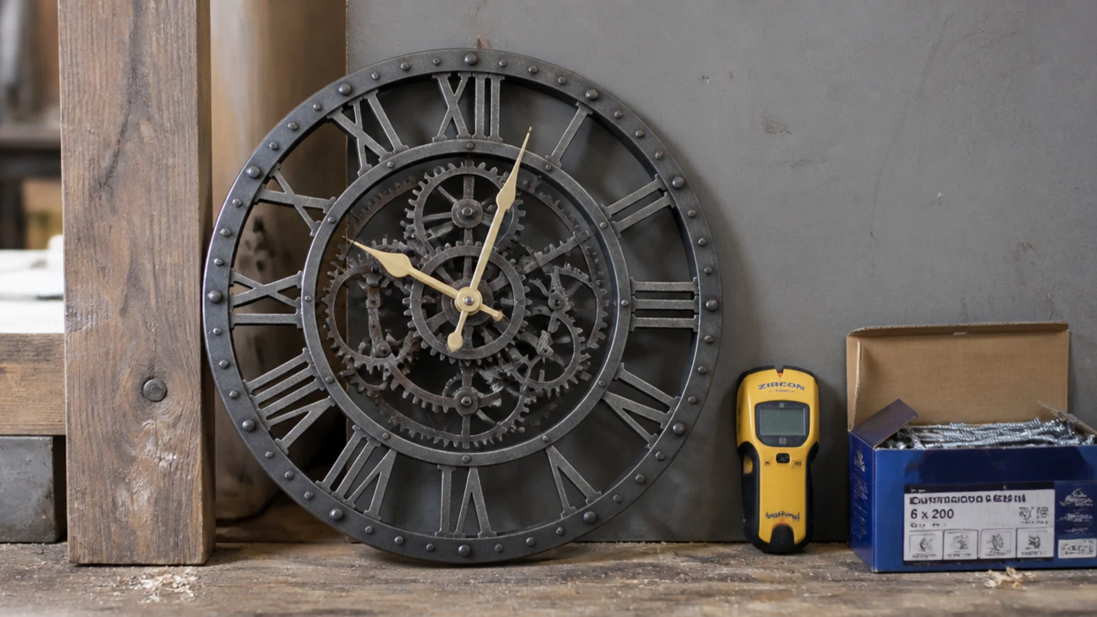 heavy cast iron gear clock resting against a workshop wall