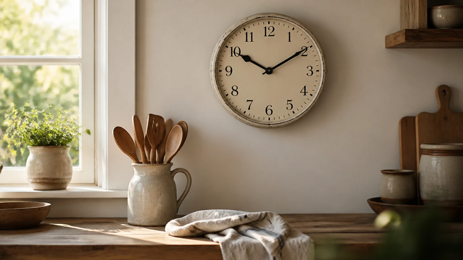 chipped enamel kitchen clock above a scrubbed timber worktop