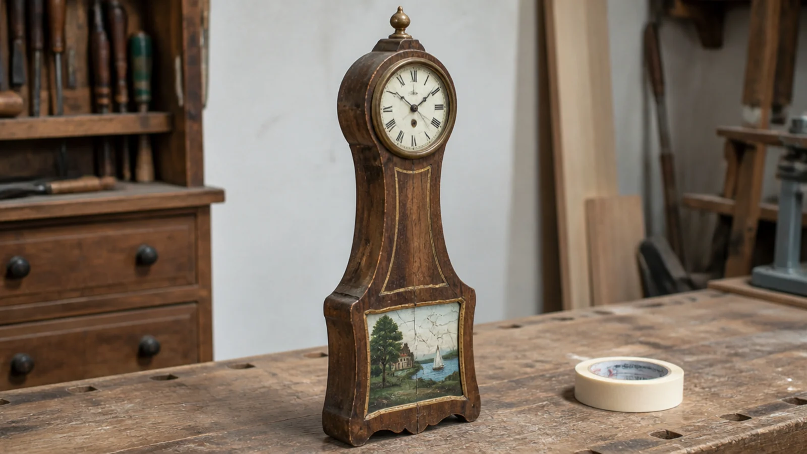 banjo shaped clock case with a cracked painted glass panel