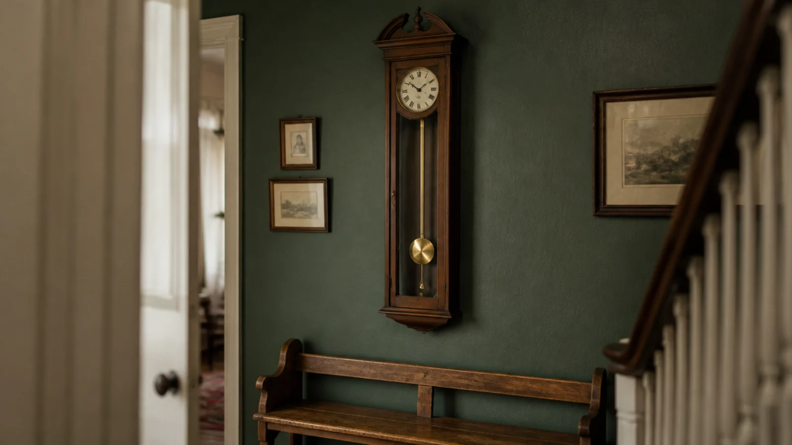 tall regulator clock case with a visible brass pendulum bob