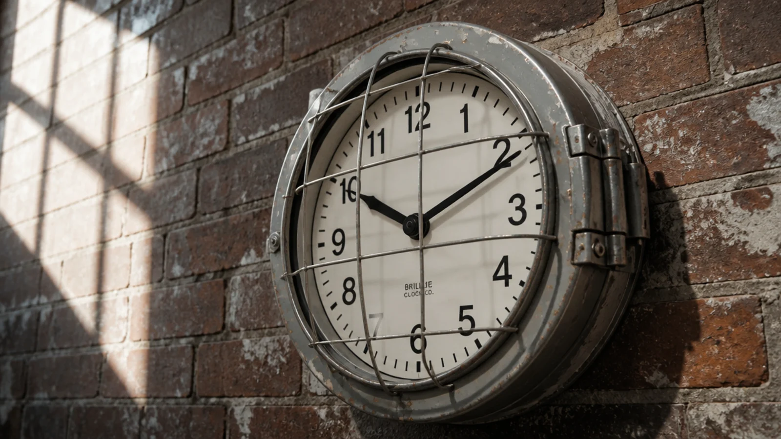 industrial corridor clock protected by a hinged wire cage front